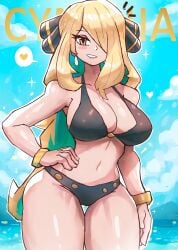 blonde_hair breasts cynthia_(pokemon) female female_only looking_at_viewer nintendo pokemon solo tony_welt