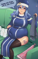 belt big_belly big_breasts big_breasts big_breasts blue_hair breasts breasts chubby chubby_female dress fairy_tail fat fat_belly fat_female fat_fetish fat_girl fat_woman female_only flabby_belly juvia_lockser kipteitei obese_female overweight overweight_female scarf skirt text weight_gain