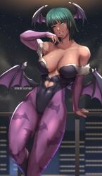 1girls big_breasts black_leotard breasts capcom cleavage clothing cosplay dark_green_hair darkstalkers female female_only fluffydus fubuki_(one-punch_man) green_eyes green_hair hips huge_breasts large_breasts leggings legwear leotard morrigan_aensland morrigan_aensland_(cosplay) one-punch_man short_hair smile solo solo_female thighs wings