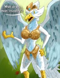 absurd_res accipitrid accipitriform anthro armor asking avian back_wings beak bird bra breastplate breasts clothed clothing crown dialogue digital_media_(artwork) eagle eris_(legends_of_chima) eyebrows feathers female genitals hand_on_hip headgear headwear hi_res humor joke legends_of_chima lego open_beak open_mouth pussy questioning raised_eyebrow shaded skimpy solo standing tail_feathers text tiara unconvincing_armor underwear vike_mike white_body white_feathers white_text wings worried yellow_eyes