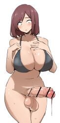 1futa balls big_breasts big_penis bikini_top bottomless breasts brown_hair censored clothed clothing erection futa_only futanari human light-skinned_futanari light_skin mostly_nude orange_blood123 partially_retracted_foreskin penis precum short_hair smooth_balls smooth_penis solo standing uncut