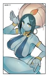 1girls artist_request blue_body blue_skin breasts cleavage curvy curvy_body curvy_female curvy_figure djinn fanart female female_focus female_only genie genie_(harusame10000) gold_jewelry hoop_earrings looking_at_viewer original_character pointy_ears sling_bra sling_top solo solo_female solo_focus turban yellow_eyes yellow_nails