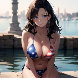 1girls ai_generated ai_mirror american_flag_bikini belly_button blue_eyes blush brick_wall brown_hair column earrings long_hair looking_at_viewer medium_breasts sea seaside white_skin