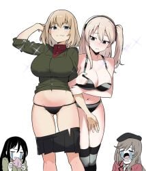 2023 4girls aged_up alternate_costume amogan black_panties blonde_hair blue_eyes blush blush_lines bra breasts brown_eyes brown_hair cleavage closed_mouth female female_only girls_und_panzer hair katyusha_(girls_und_panzer) large_breasts looking_at_viewer multiple_girls navel nonna_(girls_und_panzer) open_mouth panties shimada_arisu shimada_chiyo shirt simple_background smile smug stomach striped striped_bra striped_panties underwear white_background