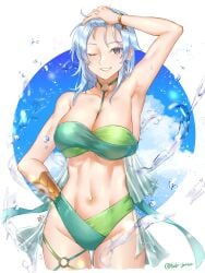 1girls absurdres alternate_costume arm_up armpits bikini blue_eyes blue_hair breasts cleavage cloud earrings echidna_(fire_emblem) female female female_only fire_emblem fire_emblem:_the_binding_blade green_bikini green_swimsuit hand_on_own_head hand_on_own_hip highres jewelry large_breasts looking_at_viewer navel nintendo one_eye_closed smile strapless strapless_bikini swimsuit tsukimura_(d24f4z8j3t)