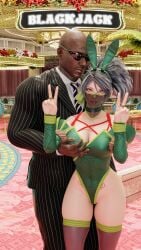 3d akali blender_(software) breast_grab bunny_ears bunnysuit dark-skinned_male interracial league_of_legends male peace_sign shibari_under_clothes sssin2160 tattoo tattoos