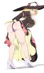 1girls absurdres ankle arm_behind_back ass ass_focus big_ass big_breasts big_butt black_dress black_headwear blonde_hair blue_eyes blush breasts clothes_lift darkness_(konosuba) dress dress_aside dress_lift embarrassed feet female_focus frilled_dress frilled_hat frills from_behind full_body hat heels high_heels highres huge_ass huge_breasts knees kono_subarashii_sekai_ni_shukufuku_wo! large_breasts legs lifted_by_self lingerie long_dress long_hair long_legs long_sleeves looking_at_viewer looking_back official_alternate_costume open_mouth panties pink_frills purple_panties pussy reofenja shadow simple_background solo surprised thick_thighs thighs thong two-tone_dress underwear upskirt white_background white_footwear yellow_dress yellow_frills