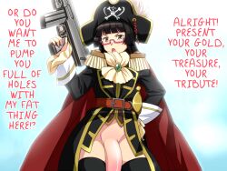 1futa ascot bangs belt bicorne big_penis black_hair black_legwear blunt_bangs bottomless cape chiaki_kurihara clothed clothing cravat epaulettes flaccid futa_only futanari futanari_edit glasses gun hand_on_hip hand_on_hips hard_translated hat hime_cut human light-skinned_futanari light_skin long_hair miniskirt_pirates mouretsu_pirates open_mouth partially_clothed penis pink-framed_glasses pink_glasses pirate_hat poncho! poncho_s semi-rimless_glasses solo standing submachine_gun sword thighhighs third-party_edit uncensored under-rim_glasses weapon