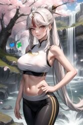 absurdres ai_generated arm_on_hip brown_eyes cherry_tree crop_top genshin_impact happy hi_res highres idgaroo lake leggings long_hair ningguang_(genshin_impact) sports_bra stable_diffusion waterfall white_hair yoga_pants