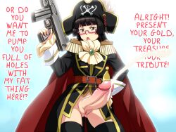 1futa ascot bangs belt bicorne big_penis black_hair black_legwear blunt_bangs bottomless cape chiaki_kurihara clothed clothing cravat cum decensored dialogue ejaculation english_text epaulettes erect_penis erection futa_only futa_sans_balls futanari futanari_edit glasses gun hand_on_hip hand_on_hips hands-free handsfree_ejaculation hard_on hard_translated hat hime_cut human light-skinned_futanari light_skin long_hair miniskirt_pirates mouretsu_pirates no_balls open_mouth partially_clothed penis pink-framed_glasses pink_glasses pirate_hat poncho! poncho_s pussy semen semi-rimless_glasses solo standing submachine_gun sword text thighhighs third-party_edit uncensored under-rim_glasses weapon