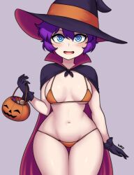 1girls almost_naked bikini blue_eyes breasts candy cape dako dakosito gloves halloween halloween_costume happy light-skinned_female looking_at_viewer medium_breasts micro_bikini orange_swimsuit original_character purple_hair short_hair standing swimsuit umiko_(dakosito) wide_hips witch_hat