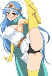 black_panties blush cute dragon_quest dragon_quest_iii elbow_gloves embarrassed large_breasts long_legs momio panties perky_breasts sage_(dq3) splits standing_split suggestive tiara