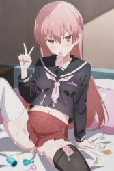 ai_generated black_legwear black_uniform condom condom_filling condom_in_mouth cum cum_on_legs cum_on_stomach dressed legwear long_hair orange_eyes pink_hair red_skirt school_uniform schoolgirl spread_legs tagme tonikaku_kawaii white_legwear yuzaki_tsukasa