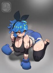 1girls ass bare_shoulders black_legwear blue_boxing_gloves blue_gloves blue_hair boxing_gloves butt curvy curvy_body curvy_female curvy_figure dif_(difman) difmanm female female_focus female_only gloves hairband legwear light-skinned_female light_skin on_all_fours short_hair shorts solo solo_female solo_focus sports_bra stirrup_legwear sweat sweatdrop sweating sweaty sweaty_body thick_ass thick_thighs tired toeless_legwear yellow_eyes