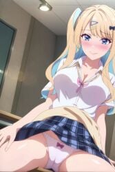 ai_generated big_breasts blonde_hair blue_eyes breasts female female_only girl_on_top keiken_zumi keikenzumi_na_kimi_to,_keiken_zero_na_ore_ga,_otsukiai_suru_hanashi long_hair panties pov pussy school_uniform schoolgirl shirakawa_runa skirt_up tagme xurockies