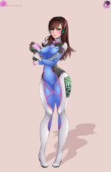 1girls blizzard_entertainment blue_bodysuit bodysuit breasts brown_hair crossed_arms d.va female full_body gloves headset headwear law-zilla long_hair overwatch skin_tight small_waist video_games weapon