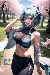 absurdres ai_generated blue_hair cherry_tree crop_top eula_(genshin_impact) genshin_impact hi_res highres idgaroo leggings park sports_bra stable_diffusion swea sweat yoga_pants