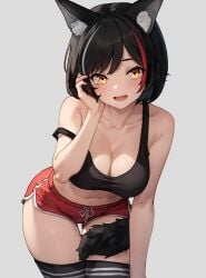 1girls alternate_hairstyle black_hair bluefield booty_shorts breasts cleavage dolphin_shorts female hololive hololive_gamers hololive_japan huge_breasts light-skinned_female light_skin ookami_mio short_hair short_shorts shorts smile sports_bra sportswear tail virtual_youtuber wolf_ears wolf_girl