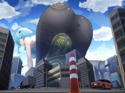 airplane ass big_ass big_breasts big_butt blue_hair breasts city female female_only from_behind from_behind_position giantess giga_giantess green_eyes light-skinned_female light_skin looking_back natsukaze_shigure short_hair sigure_dd142 solo solo_female solo_focus