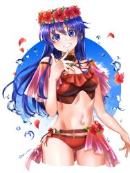 1girls absurdres alternate_costume ass_visible_through_thighs bikini blue_eyes blue_hair breasts cleavage cloud commentary female female_only fire_emblem fire_emblem:_the_binding_blade fire_emblem_heroes flower flower_wreath grin hair_flower hair_ornament highres lilina_(fire_emblem) lilina_(summer)_(fire_emblem) long_hair looking_at_viewer medium_breasts nintendo official_alternate_costume red_bikini red_swimsuit smile swimsuit teeth tsukimura_(d24f4z8j3t)