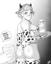 1girls ass back bare_back bare_thighs big_ass bikini braid breasts caprednahu commission cow_girl cow_print cow_print_bikini ear_piercing elbow_gloves english_text female female_focus fire_emblem fire_emblem:_three_houses frown glass gloves greyscale large_breasts looking_back marianne_von_edmund milk milk_bottle monochrome nahusmash nintendo piercing sideboob solo_focus tail text thighhighs thighs underboob waitress