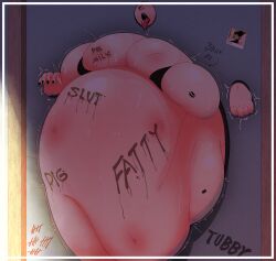 1girls 2d bbw belly big_belly big_breasts body_writing breasts cgkey1 fat fat_shaming female obese open_mouth overweight overweight_female public_use stuck_in_wall sweat tongue_out