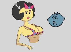 1boy aged_up big_breasts bikini black_eyes black_hair bow breasts female lawofthe3rd looking_at_viewer open_mouth qubo stella_(toddworld) todd_(toddworld) toddworld yellow_body