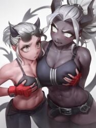 2demons 2girls abs absurdres black_horns black_pants breast_grab breasts dark_skin demon demon_girl demon_horns demon_tail eyewear_on_head gloves glowing glowing_eyes grey_eyes grey_hair hand_on_another's_chest hand_on_own_chest helltaker highres horns huge_breasts judgement_(helltaker) justice_(helltaker) large_breasts medium_breasts medium_support_(meme) meme multiple_girls muscular muscular_female navel numanoan pants red_gloves sports_bra sunglasses tail white_background white_eyes white_hair