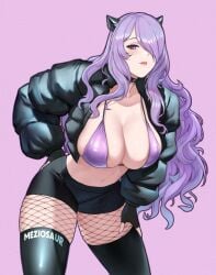 1girls alternate_costume artist_name bikini black_choker black_jacket black_shorts black_thighhighs breasts camilla_(fire_emblem) choker clothes_writing commentary cowboy_shot fake_horns female female_only fire_emblem fire_emblem_fates fishnet_pantyhose fishnets hair_over_one_eye horns jacket large_breasts long_hair long_sleeves looking_at_viewer meziosaur navel nintendo pantyhose pink_lips purple_background purple_bikini purple_eyes purple_hair short_shorts shorts simple_background solo standing stomach swimsuit thighhighs thighs very_long_hair