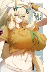 1girls 2023 abs absurd_res barghest_(gawain)_(fate) barghest_(swimsuit_archer)_(first_ascension)_(fate) blonde_hair breasts fate/grand_order fate_(series) female female_focus fingerless_gloves gin_moku gloves heterochromia huge_breasts long_hair solo solo_female solo_focus tied_shirt