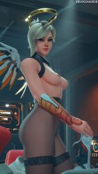 3d blonde_hair dressing_up exposed_breasts exposed_nipples looking_at_viewer mercy nude overwatch overwatch_2 pantyhose velocihaxor