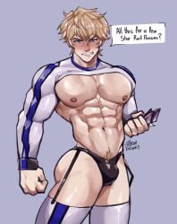 1boy bara big_pecs blonde_hair blue_eyes blush blush bulge gepard_(honkai:_star_rail) honkai:_star_rail muscular_male nipples thick_thighs thombrownie underwear