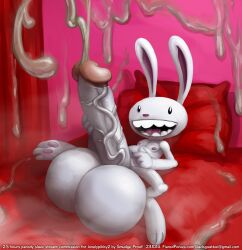 anthro balls bed bodily_fluids cock_vore cum cumshot ejaculation furniture genital_fluids genitals hi_res humanoid_genitalia humanoid_penis hyper lagomorph leporid lying male mammal max_(sam_and_max) penis rabbit rabbit_thing sam_and_max smudge_proof solo vein