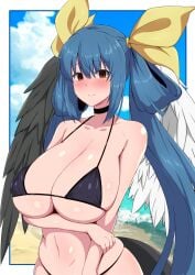 1girls angel_wings arm_under_breasts asymmetrical_wings bare_shoulders beach bikini black_bikini black_choker blue_hair blue_sky blush border breasts choker cleavage closed_mouth cloud collarbone covered_nipples day dizzy_(guilty_gear) female fuuma_(bangolga1) guilty_gear hair_between_eyes hair_ribbon hair_rings highres holding_own_arm large_breasts long_hair looking_at_viewer mature_female milf mind_control monster_girl navel ocean red_eyes ribbon sagging_breasts sidelocks skindentation sky smile solo stomach string_bikini swimsuit tail twintails underboob white_border wings yellow_ribbon