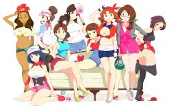 9girls alternate_breast_size artist_name artist_signature ass bare_legs big_breasts blue_eyes blue_hair breast_size_difference breasts brown_eyes brown_hair caroline_(pokemon) cleavage clothed clothed_female clothing couch dark-skinned_female dark_skin dawn_(pokemon)_(cosplay) day delia_ketchum_(pokemon) female_only gloria_(pokemon)_(cosplay) grace_(pokemon) group hat hi_res hilda_(pokemon)_(cosplay) huge_breasts interracial johanna_(pokemon) large_breasts leaf_(pokemon) light-skinned_female light_skin long_hair looking_at_viewer lyra_(pokemon)_(cosplay) mature mature_female may_(pokemon)_(cosplay) medium_breasts midriff milf mother mother's mother_(pokemon_bw) mother_(pokemon_bw2) mother_(pokemon_hgss) mother_(pokemon_rgby/frlg) mother_(pokemon_sm) mother_(pokemon_ss) multiple_girls nintendo on_knees outfit_swap pokemon pokemon_bw pokemon_bw2 pokemon_dppt pokemon_frlg pokemon_hgss pokemon_rgby pokemon_rse pokemon_sm pokemon_ss pokemon_xy r3dfive red_nails rosa_(pokemon)_(cosplay) sandals selene_(pokemon)_(cosplay) serena_(pokemon)_(cosplay) short_hair simple_background small_breasts smile standing thick_thighs thighhighs toenail_polish toenails too_small_clothes wearing_daughter's_clothes white_background