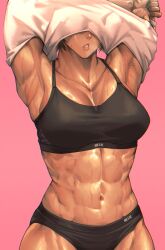 1girls abs big_breasts black_bra bra breasts clothing dark-skinned_female dark_skin female female_only fit fit_female mikel_bk muscle_girl muscle_mommy muscular muscular_female original pink_background shirt_lift short_hair simple_background solo solo_female sportswear sweat