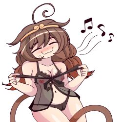 babydoll black_panties blush blush brown_hair brown_tail closed_eyes crown lingerie medium_breasts monkey monkey_girl monkey_tail nipples panties rui_hill smile smug smug_expression smug_face smug_smile son_biten touhou untying vagina