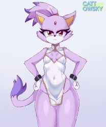 anthro blaze_the_cat cat_ears cat_tail catgirl cattowsky china_dress domestic_cat feline hip_grab hips purple_body purple_fur sonic_(series) sonic_the_hedgehog_(series)