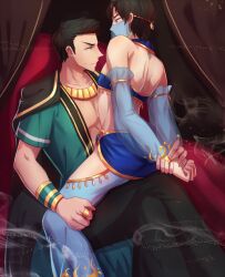 2boys aged_up arabian_clothes arms_behind_back batman_(series) belly_dancer_outfit chain247 crossdressing damian_wayne dc dc_comics dick_grayson duo duo_focus femboy gay harem_boy harem_outfit male male/male male_focus male_only nightwing on_lap robin_(damian_wayne) robin_(dc) sitting_on_lap trap twink yaoi