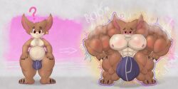 4_fingers abs almond_(vezerem) anthro balls big_balls big_muscles big_penis blush brown_body brown_fur bulge clothed clothing english_text expansion feet fingers fur genitals growth hair hi_res huge_balls huge_cock huge_muscles hyper hyper_genitalia hyper_muscles hyper_penis league_of_legends magic male mammal muscle_growth muscular muscular_male nipples pecs penis riot_games sequence simple_background solo solo_male text toes underwear underwear_only vezerem yordle