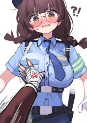 !? 1boy anger_vein bandaged_hand bandages baton_(weapon) belt black_belt black_survival blue_necktie blue_shirt blush braid breasts brown_eyes brown_hair deadnoodles_(@deadnooodles) deadnooodles eternal_return:_black_survival female glasses gloves grabbing grabbing_another's_breast groping hat highres hyunwoo_(black_survival) large_breasts necktie non-web_source nose_blush open_mouth police police_hat police_uniform policewoman round_glasses shirt short_twintails source_request suzuki_aya sweat twin_braids twintails underbust uniform wavy_mouth weapon white_gloves