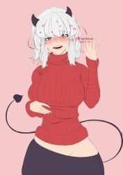 big_breasts breasts demon demon_girl demon_horns demon_tail duffmox greeting helltaker horns modeus_(helltaker) skirt smile sweater thick_thighs