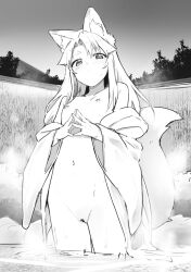 animal_ear_fluff animal_ears ariyoshi_gen bar_censor breasts censored closed_mouth commentary_request fox_ears fox_girl fox_tail greyscale japanese_clothes kimono long_hair looking_at_viewer monochrome navel nipples open_clothes open_kimono original outdoors partially_submerged pussy small_breasts tail water wide_sleeves yue-chan