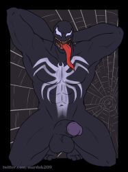 balls bara boner dark_body erection hands_behind_head long_tongue male male_only marduk209 marvel marvel_comics muscles muscular nude on_knees penis sharp_teeth solo solo_male venom venom_(marvel) yaoi