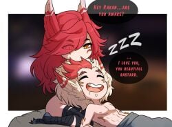 1boy 1girls after_sex completely_nude cuddling cute english_text female kinkymation league_of_legends light-skinned_female looking_down nude nude_female partially_clothed rakan riot_games sleeping speech_bubble wholesome xayah