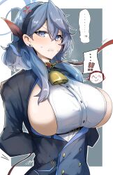 1boy 1girls 2023 absurd_res ako_(blue_archive) anger_vein angry bell blue_archive blue_hair breasts female female_focus femsub gehenna_academy_student gin_moku halo huge_breasts leash male medium_hair prefect_team_(blue_archive) sensei_(blue_archive) sideboob speech_bubble sweatdrop