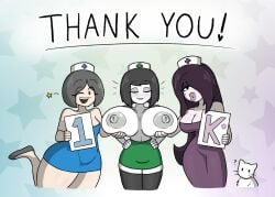 3girls big_ass big_breasts big_butt blush breast_grab breasts breasts_bigger_than_head breasts_out cat closed_eyes doctorloops fair_skin fat_ass fat_butt fully_clothed holding_breast huge_breasts kitty layla_(doctorloops) milestone_celebration mona_(doctorloops) multiple_girls nipples open_mouth pale_skin partially_clothed veronica_(doctorloops) wide_hips