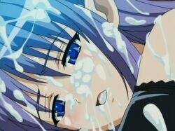 animated blue_eyes breathing breathing_heavily broken_rape_victim cum_in_mouth cum_on_face cum_on_hair demon_girl ma_ga_ochiru_yoru purple_hair sheliss_elleness_zurbach the_night_when_evil_falls