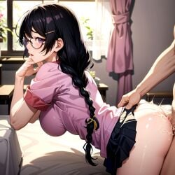 ai_generated black_hair clothed_sex doggy_style hanekawa_tsubasa monogatari_(series) naoetsu_high_school_uniform purple_eyes school_uniform vendettareset