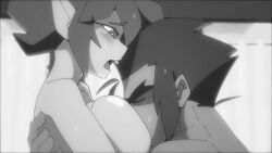 1boy 1girls animated big_breasts blush breast_squish breast_sucking breastfeeding breasts consensual embrace emi_(twistedgrim) female greyscale hetero imminent_sex jaco_(twistedgrim) large_breasts male male/female monochrome nipple_suck original original_character original_characters pointy_ears short_hair straight sucking_nipples sweat tagme twistedgrim